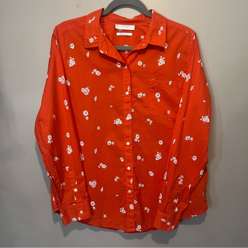Lucky brand large button front floral long sleeve coral casual lightweight